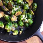 balsamic Brussels sprouts in cast iron pan