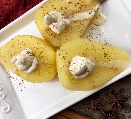 poached pear with marscapone cream