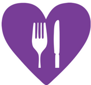 white fork and knife inside a purple heart