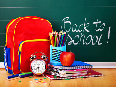 Back to school backpack, supplies and blackboard