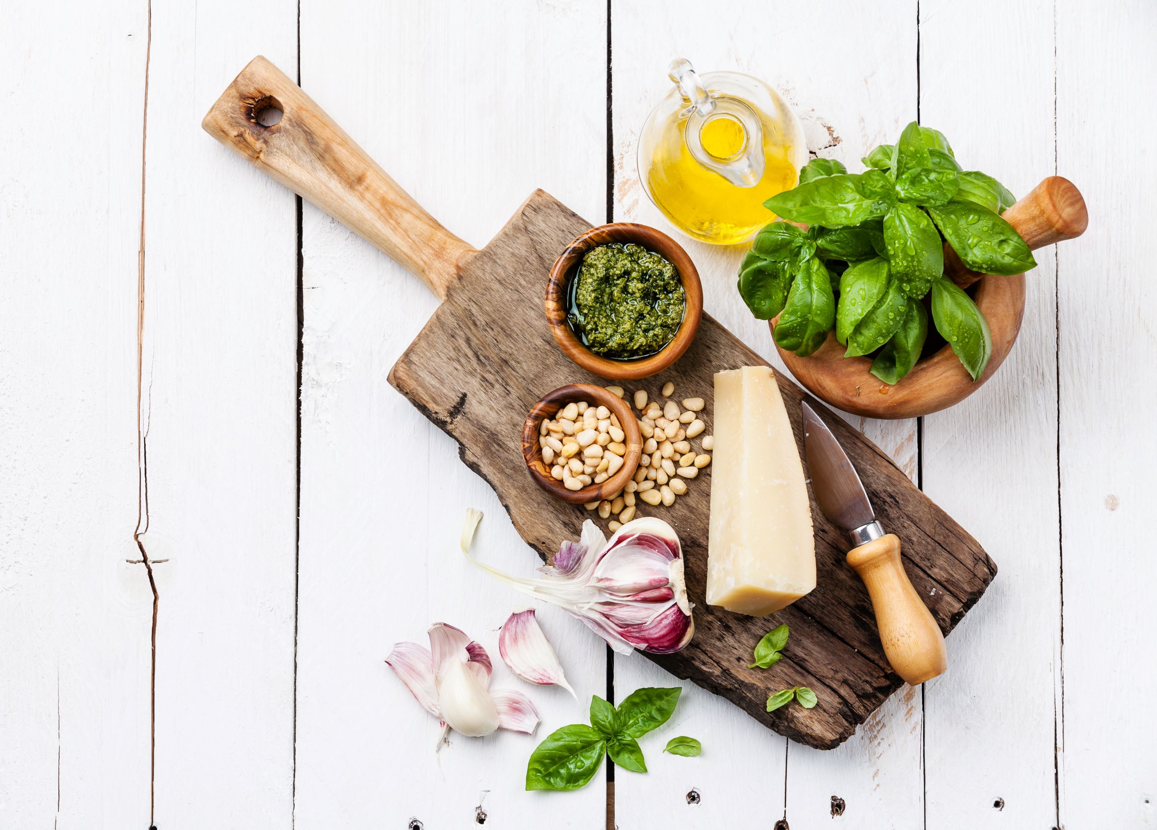 resh pesto ingredients basil, pine nuts, Parmesan cheese, garlic, olive oil