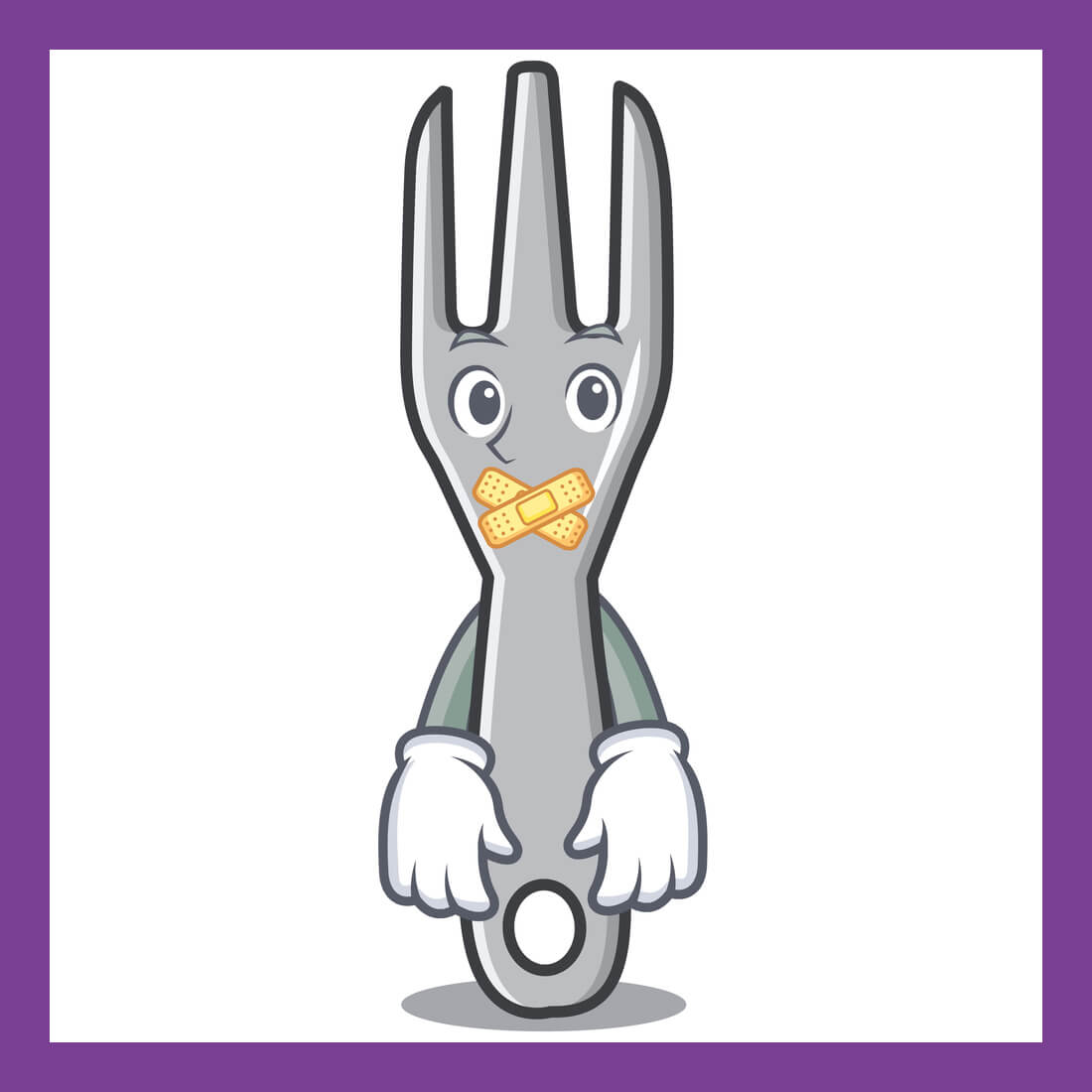 Cartoon character fork with big eyes and band aids covering mouth for silence