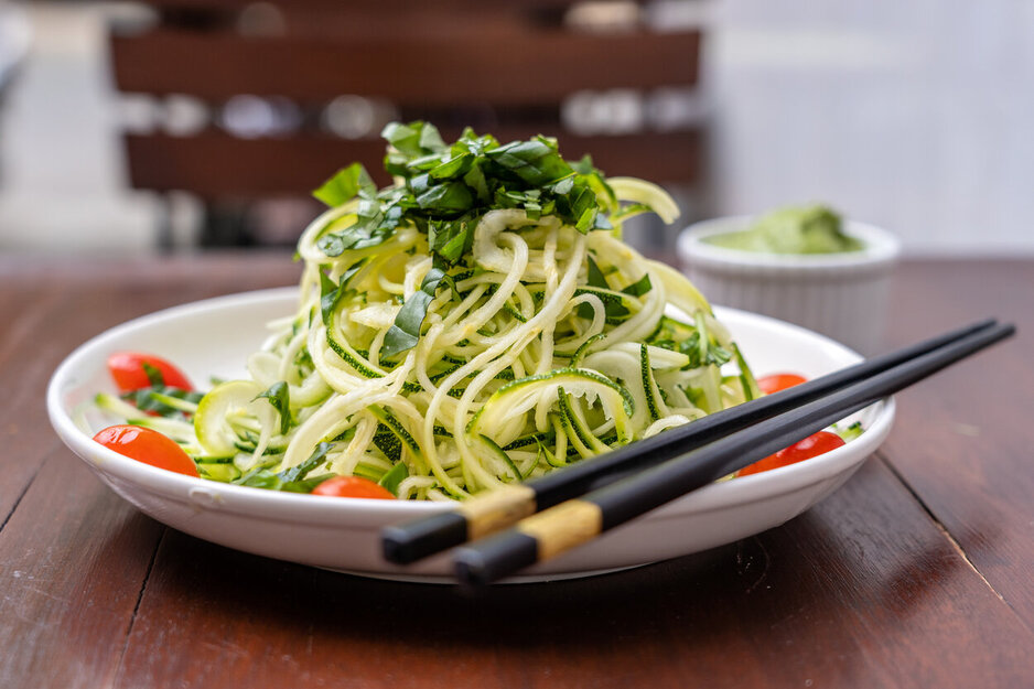 Spiralized zucchini noodles with herbs and cherry tomatoes